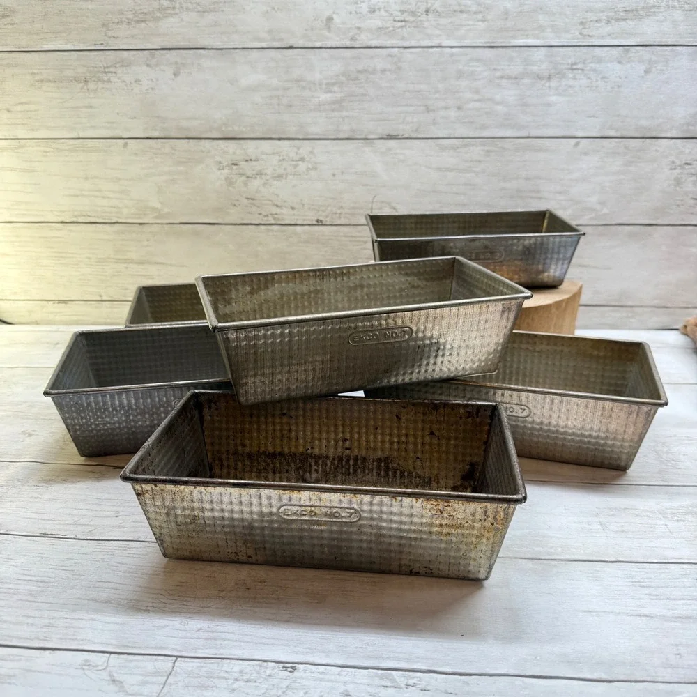 Vintage Ovenex Tin Loaf Pan Set 6pc Waffle Texture Ekco No 7 No 2 Silver Rust